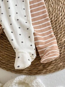 Loomiva 4pcs/Set Newborn Baby Boy Colorful Striped Star Pattern Soft Knit Long Sleeve Romper, Pants And Hat - Khaki - View 7