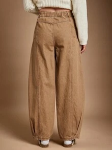 WESTFADE 中腰宽松筒形裤腿棉混纺牛仔布实用牛仔裤 秋季，秋季，冬季 - 棕色 - 查看 5