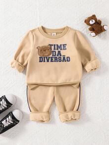 Cozy Pixies 2pcs Baby Boy Cartoon Bear Pattern Knitted Soft Crew Neck Long Sleeve Pullover Sweatshirt & Elastic Waist Thick Fleece Pants Set - Khaki - View 1