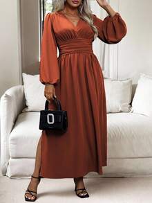 Vionelle Plus Size Women's Solid Color Simple Daily Pleated Dress Maxi Women Outfit Fall Cloth For Women - Rust Brown - View 4