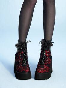Sugerpunk 休闲复古红色蕾丝粗跟靴女式性感黑色刺绣高台哥特朋克厚底踝靴 - 紅色 - 查看 1