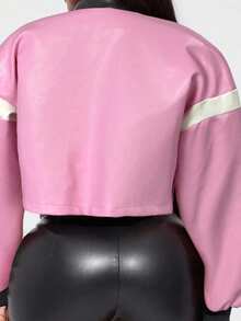 Radiana Women's Letter Print Color Block Short PU Leather Jacket, Motorcycle/Racing/Pilot Jacket, Versatile Outerwear For Autumn/Winter Jacket Y2k Baddie Outfit Jacket Women Racing Jacket Y2k Jacket Racer Jacket Pink Jacket Cropped Jacket