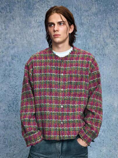 Grunge Punk Men's Casual Fashionable Street Plaid Pattern Collarless Tweed Jacket, Autumn