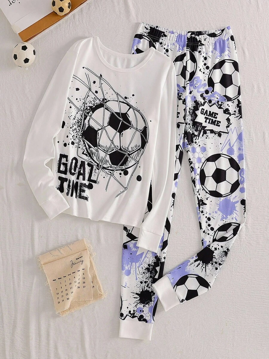 1 套青少年男童睡衣，彩色上衣，带有黑白足球图案和“GOAL TIME”文字，配套足球主题裤子，带有“GAME TIME”文字，长袖，撞色饰边，紧身家居服套装 - 黑色 - 查看 1