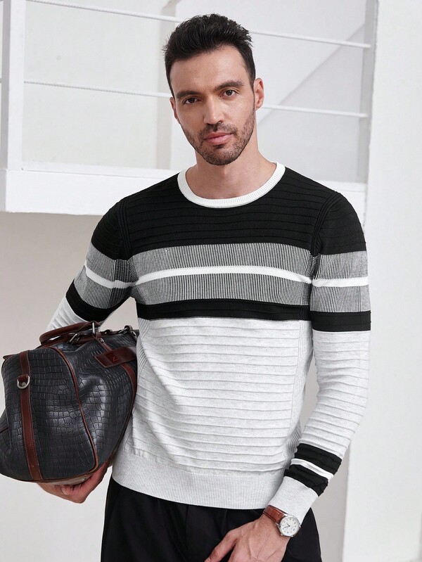 Manfinity CityGents Suéter de manga larga con rayas de jacquard de color contrastante, moda para hombre, otoño/invierno