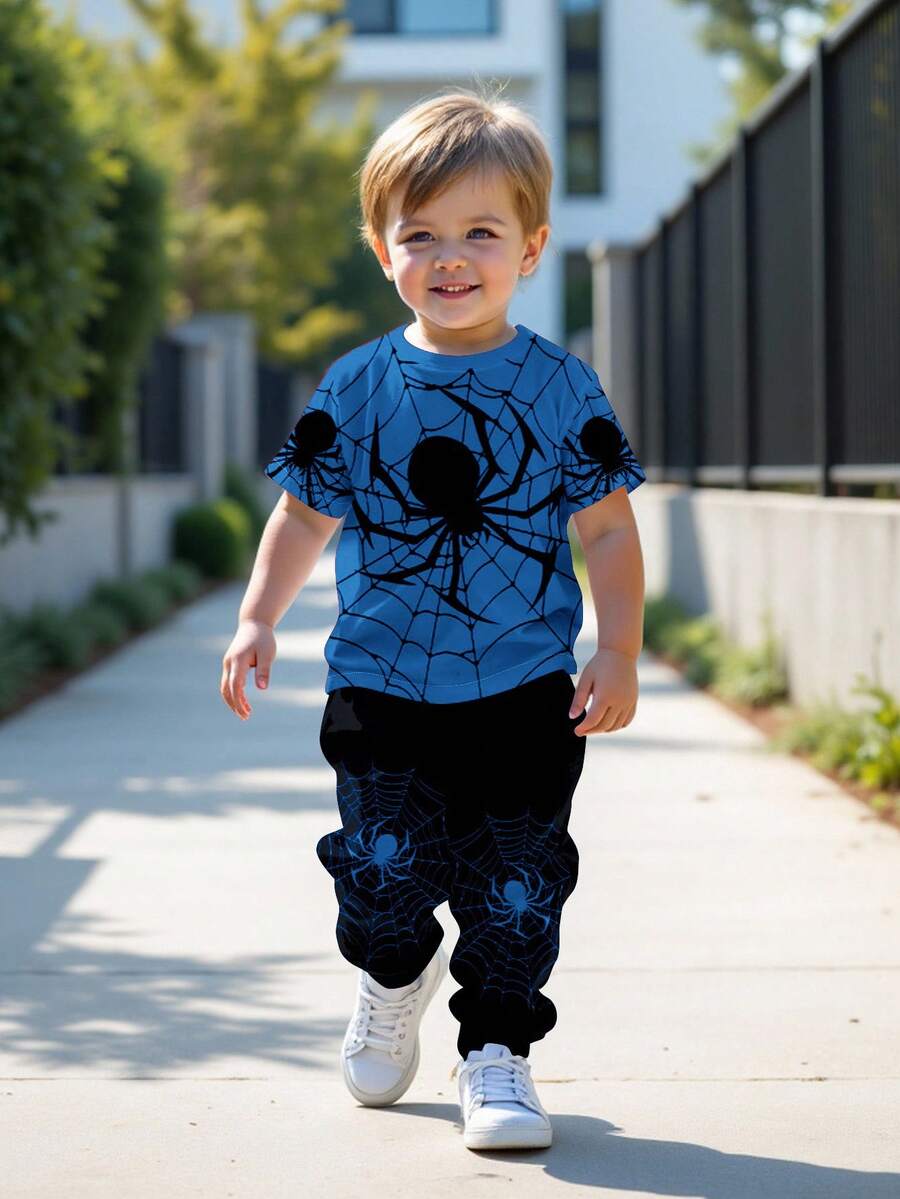 SHEIN 2件套年轻男孩休闲经典蜘蛛图案涂鸦卡通运动街头风圆领短袖T恤和裤子