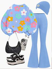 SHEIN Leap Crew 柔和蓝色，可爱甜美的多巴胺花朵图案，少女休闲宽松圆领卫衣和喇叭裤套装，适合秋冬季节，秋季穿搭，轻松舒适，适合儿童秋季叠穿，时尚童装，休闲服饰，儿童图案服装，返校季，秋季服装 - 白色 - 查看 2