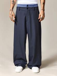 ROMWE MEN Men Prep Waist Patchwork Plaid Pocket Wide Leg Loose Casual Pants, Fall - Multicolor - View 1