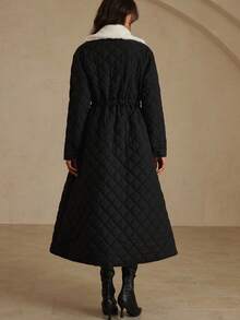 GENKIRA 女式休闲拼布仿毛领绗缝加厚外套，秋冬 - 黑與白 - 查看 6