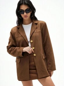 GENKIRA Brown Suede Retro High-End Lapel Asymmetric Button Versatile Women Blazer Jacket - Coffee Brown - View 6