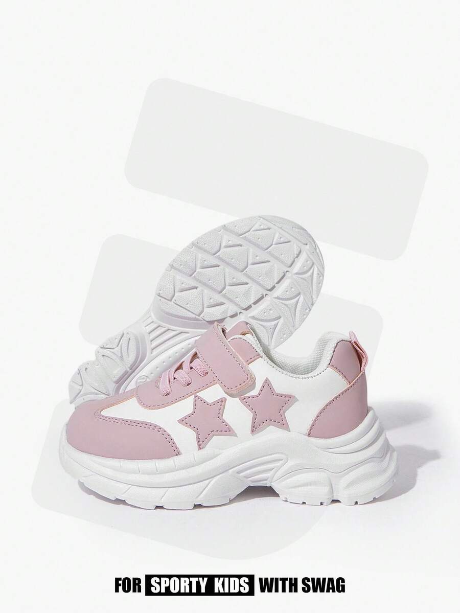 JNSQ A Pair Of Fashion And Leisure Basic Versatile And Comfortable Soft-Soled Lightweight Girl Lace-Up Flat-Soled Sneakers, Back-To-School Season Stars, Pink Fun And Cute Little White Kids Shoes - Pink - View 1