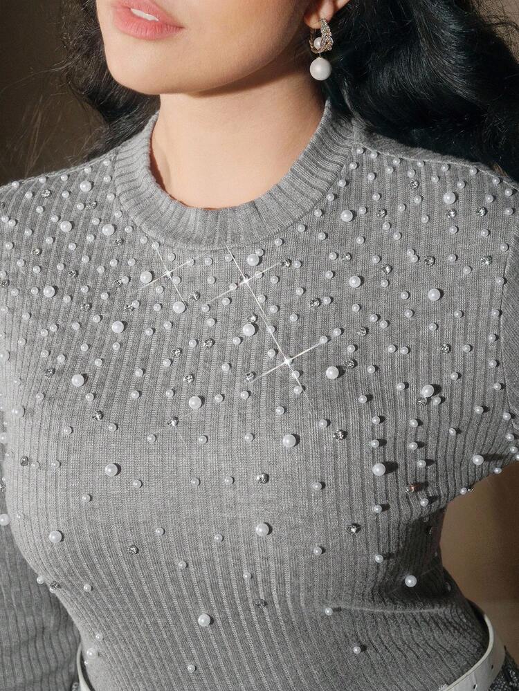 Plus Size Elegant Pearl Studded Fitted Long Sleeve T-Shirt, Autumn