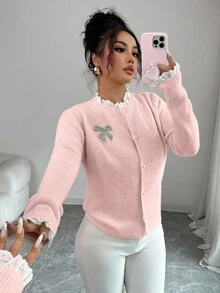 Elenzga Women's Elegant Lace Patchwork Cardigan, Autumn/Winter, Button Bow Rhinestone Cute Party Colorblock Christmas New Year Knit Pullover Sweater - Pink - View 4