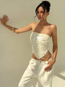 Aloruh Áo ống hở lưng buộc dây đính sequin gợi cảm cho nữ, mùa hè - Màu be - Xem 5