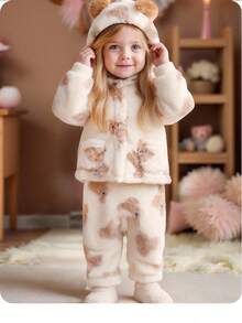 SHEIN Babygirl 可爱卡通图案连帽连体裤家居服，秋冬 - 米色 - 查看 10