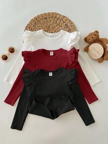 SHEIN Baby Girl 3-Piece Set Flutter Sleeve Ribbed Knit Tops,Cute Black And White Autumn Long Sleeve Shirt For Toddler & Newborn,Matching Family,Soft Fabric - Multicolor - View 4