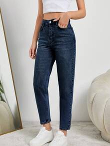 SHEIN Tall HIGH RISE MOM FIT LIGHT BLUE JEAN TALL - Dark Wash - View 3