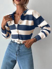 EURMUSE Women's Autumn Striped Long Sleeve Metal Single-Breasted Knit Cardigan - Dusty Blue - View 4