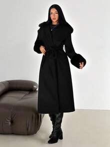 SHEIN Tall 女士优雅简约基本款休闲通勤办公室卡其色外套，带毛领、毛袖和腰带，宽松版型，秋冬 - 黑色 - 查看 4