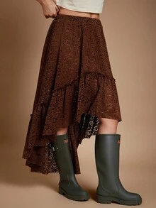 WESTFADE 高弹力腰部不对称高低分层荷叶边花卉蕾丝中长裙休闲可爱秋季、秋季、冬季、波西米亚风、乡村音乐会、西部服饰女装 - 棕色 - 查看 5