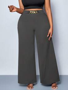 SHEIN Tall 大码女式纯色腰带金属扣细节阔腿裤，短裤，四季风格，派对，音乐会，通勤日常风格，音乐节，浪漫，情人节，度假，春夏宽松裤 - 深灰色 - 查看 5