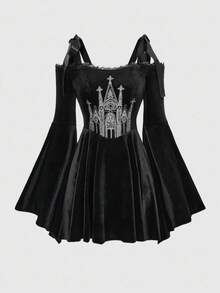 ROMWE Goth 大码哥特城堡十字刺绣方领蕾丝拼接黑色系带露肩喇叭袖A字连衣裙（女款） - 黑色 - 查看 1