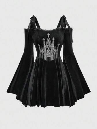 Goth Vestido de línea A con mangas acampanadas, cuello cuadrado, encaje negro con cordones y aplicaciones de encaje en los hombros, con bordado de cruz de castillo gótico para mujeres