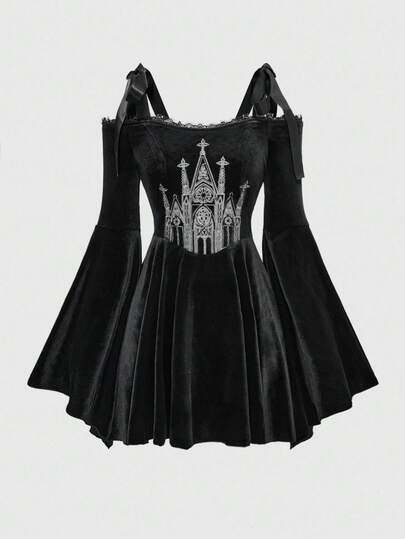 Goth Vestido de línea A con mangas acampanadas, cuello cuadrado, encaje negro con cordones y aplicaciones de encaje en los hombros, con bordado de cruz de castillo gótico para mujeres