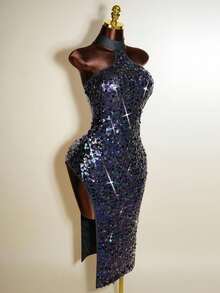 Mistrie Women's Navy Blue Sleeveless Halter-Neck Strapless Knitted Long Dress,Summer 70s Night Out Club Party Glittering Fitted Elegant Luxury Event Gown - Purple - View 7