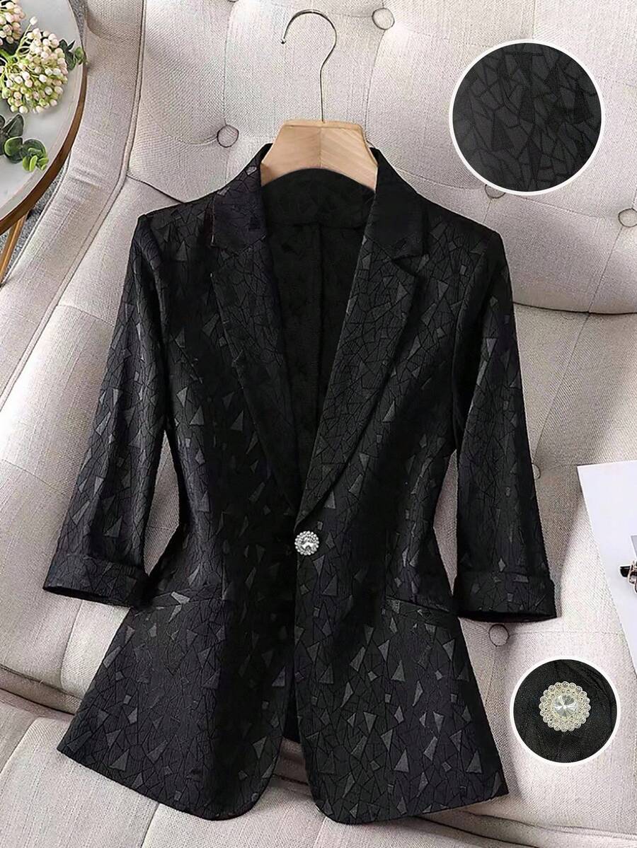 Franclia Women's Elegant Black Textured Suit Collar, Waist Slim Fit, Three-Quarter Sleeves Women's Jacket, Women's Suit Thin Jacketfall Clothes For Women Autumn  Winter Winter Clothes For Women Winter Clothes  Christmas New Year  Party Graduation Prom Cosplay Elegant Casual Luxury Going Out  Winter Winter Clothes For Women Elegant Fashionable Casual Commuting Business Office Daily Leisure All-Match Temperament Urban Teacher Professional Attire