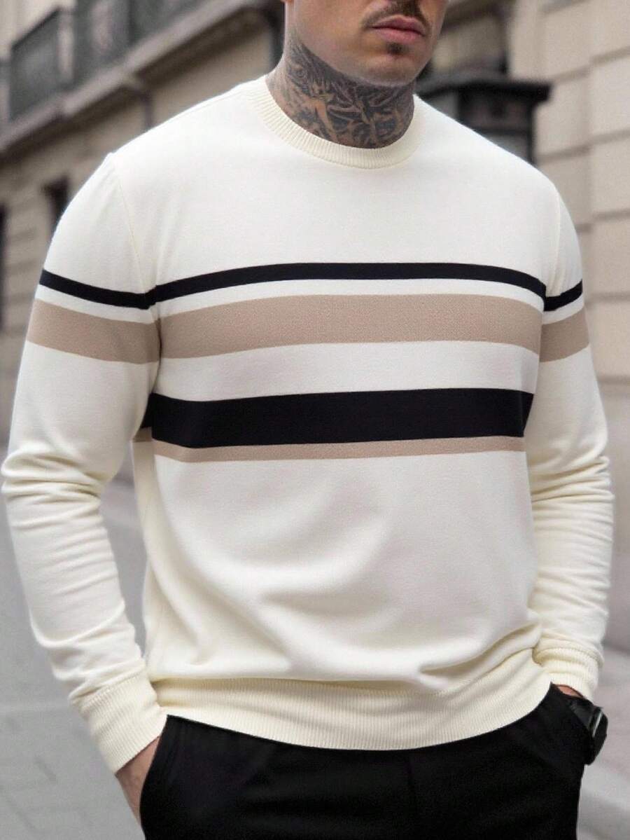 Manfinity Homme 男士条纹印花圆领休闲百搭长袖套头毛衣，秋冬款 - 杏色 - 查看 1