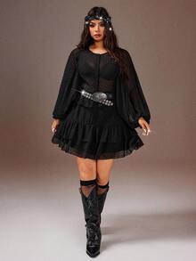 Rustia Plus Size Asymmetrical Ruffled Lantern Sleeve Waist Cinched Vacation Dress - Black - View 1