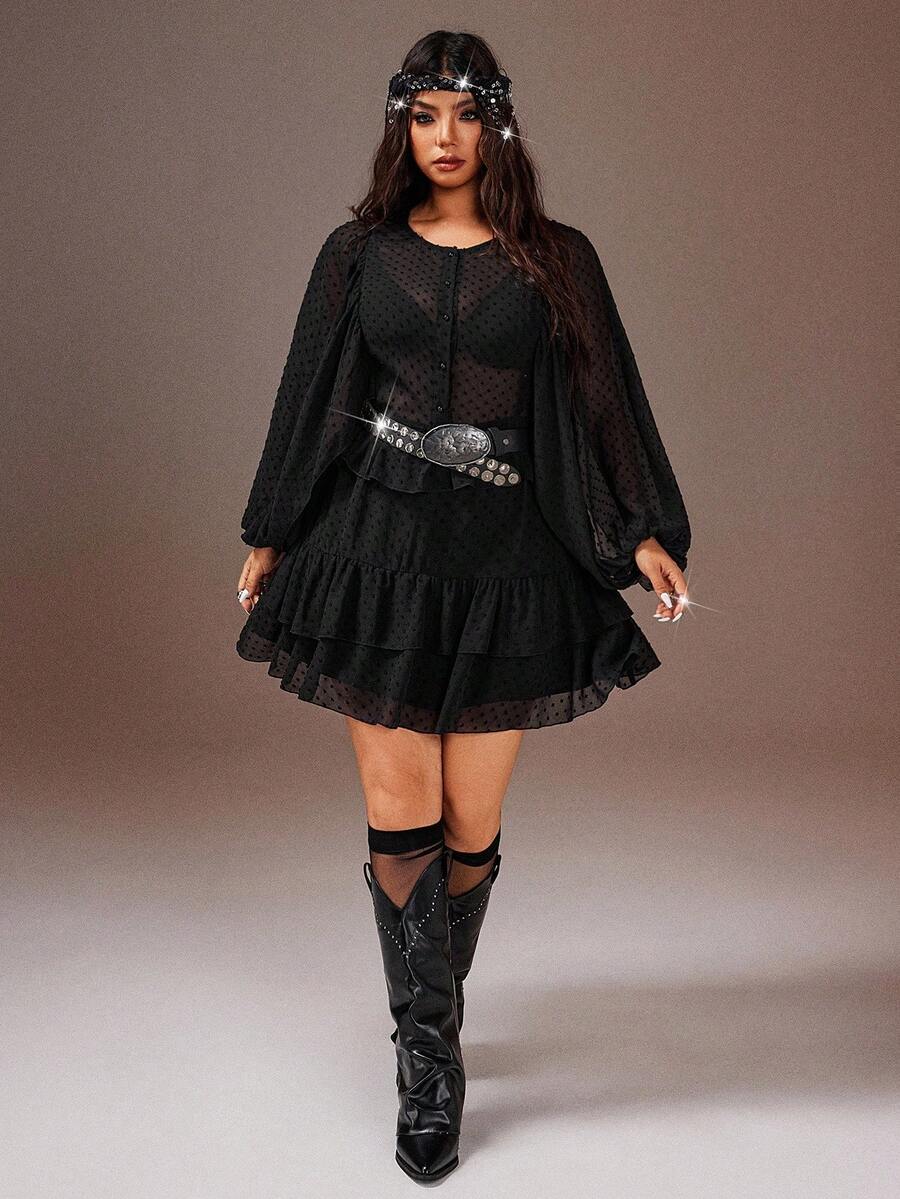 Rustia Plus Size Asymmetrical Ruffled Lantern Sleeve Waist Cinched Vacation Dress - Black - View 1