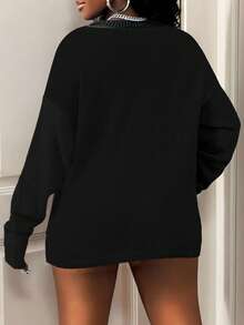 BamGleam Smiling Face Patchwork Crew Neck Casual Versatile Long Sleeve Knit Pullover - Black - View 2