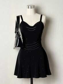 Tween Girl Solid Color Criss-Cross Back Shiny Draped Neck Dress