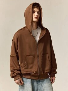 ROMWE MEN Men's Casual Solid Color Hoodie, Fall - Brown - View 6