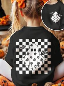 SHEIN 复古黑色，可爱奶油格子鬼，花卉，蝙蝠印花休闲宽松圆领舒适针织长袖运动衫，适合秋冬季，万圣节南瓜 - 彩色 - 查看 5