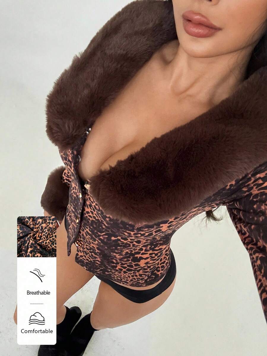 Flirla 1pc Women's Winter Jacket, Brown Patchwork Faux Fur Collar, Rabbit Fur, Deer Suede, Leopard Print, Waist Cinched, Casual & Commute, Slim Fit & Sexy - Brown - View 1