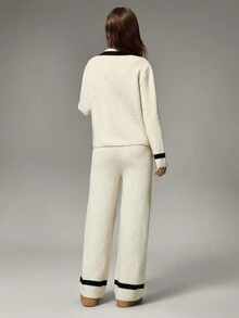 Qadelle Autumn/Winter Color Block Casual Knit Cardigan And Wide Leg Pants Set - Apricot - View 2