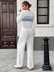 Chiquease 女式条纹休闲法式简约长袖毛衣和针织裤两件套，秋季 - 白色 - 查看 2