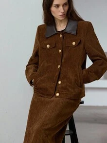 Aveloria Modichic 法式复古风格休闲雪尼尔两件套，领口撞色皮夹克上衣和 A 字高腰修身裙，优雅休闲女装 - 棕色 - 查看 3