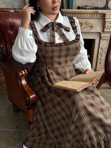 Flirla Autumn/Winter 2 In 1 Long Sleeve Plaid Shirt Dress With Contrast Ruffle Hem Plus Size Pinafore Dress Brown Plaid Dress Western Dress Pinafore Dress Cottagecore Dress - Multicolor - View 5