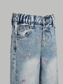 SHEIN Explorewe Girls' Fashionable Casual Heart Embroidery Loose Straight Leg Jeans - Medium Wash - View 7