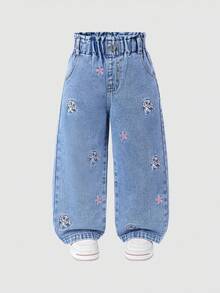 SHEIN ChillGRL Young Girl's Casual Straight Leg Jeans With Rabbit Print, Fashion Streetwear Suitable For School And Daily Wear. Adorable Rabbit Print In Blue And Purple, Ruffle Waistband Design, Relaxed Fit Light Blue Washed Denim. Elastic Waistband Provides Comfort, Suitable For Everyday Outings, Vacation, Campus Life And Hanging Out With Friends. - Blue - View 4