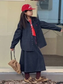 DAZY Tween Girl Fashion Solid Color Long Sleeve Loose Fit Shirt Denim Set - Blue - View 3