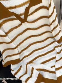 GlowEve CURVE 大码休闲拼色条纹针织上衣 - 棕色 - 查看 3