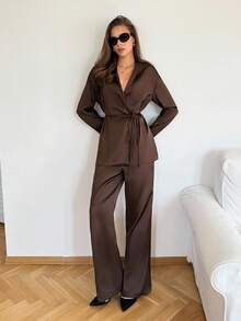 SHEIN Tall 女士秋冬缎面纯色系带长袖开衫和松紧腰裤休闲套装，女士睡衣两件套，女士休闲商务套装，办公室着装 - 棕色 - 查看 4