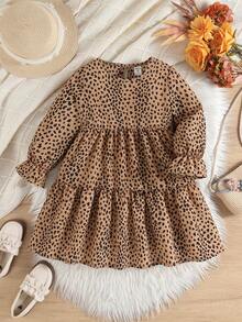 Emery Rose Kids Emery Rose Kids Váy chữ A tay bồng cổ tròn họa tiết hoa xinh xắn cho bé gái, mẫu mới thu đông, bé gái, mẹ, chị em gái và tôi mặc cùng nhau. Trở lại trường - Màu Khaki - Xem 3