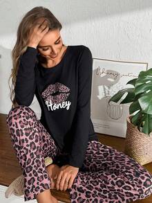 SHEIN 女士休闲豹纹唇印长袖上衣长裤睡衣套装，舒适黑色睡衣套装，女士豹纹睡衣套装，豹纹睡衣，女士舒适睡衣套装，秋冬服装