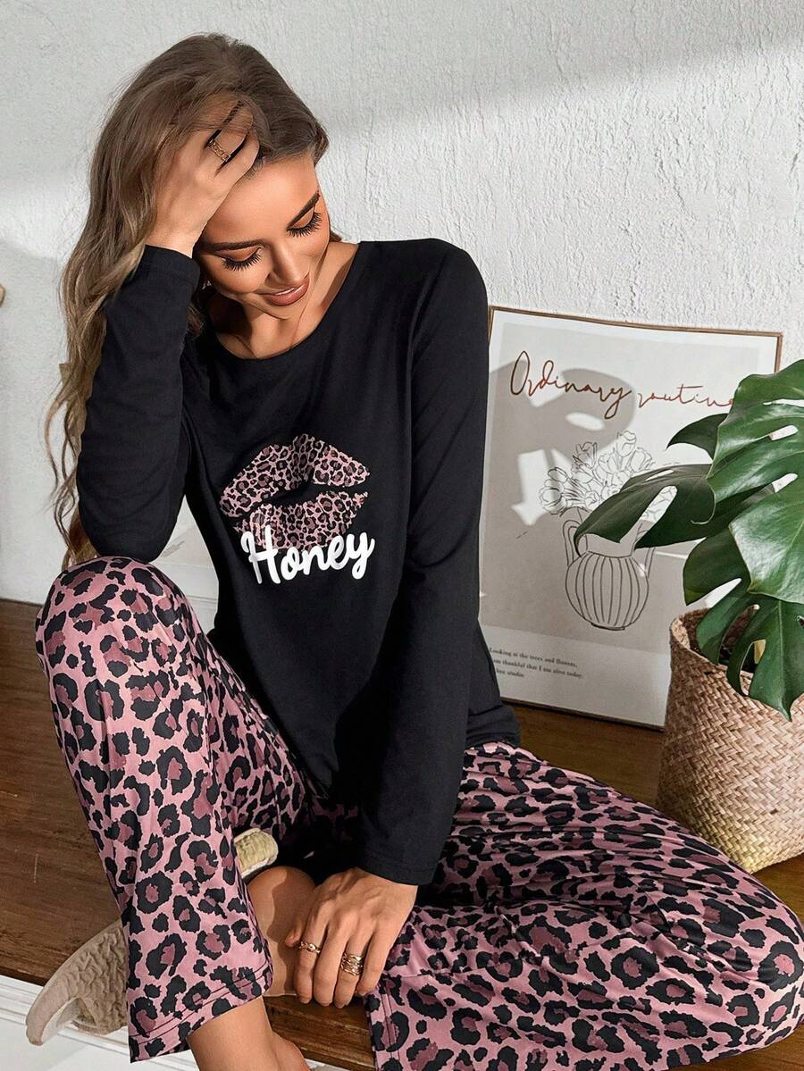 SHEIN 女士休闲豹纹唇印长袖上衣长裤睡衣套装，舒适黑色睡衣套装，女士豹纹睡衣套装，豹纹睡衣，女士舒适睡衣套装，秋冬服装